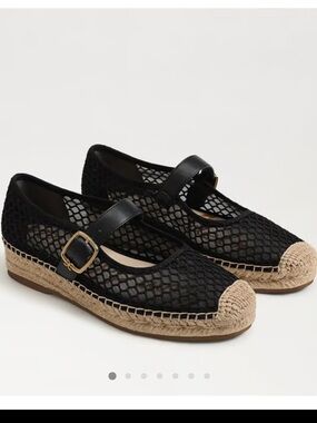 Sam Edelman Black Mesh Mary Jane Espadrille Flats with Natural Jute Trim